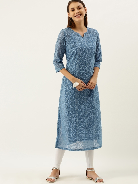 

House of Pataudi Women Blue Chikankari Embroidered Straight Kurta