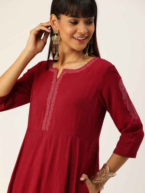 

House of Pataudi Women Maroon Solid A-Line Kurta with Embroidered Detail