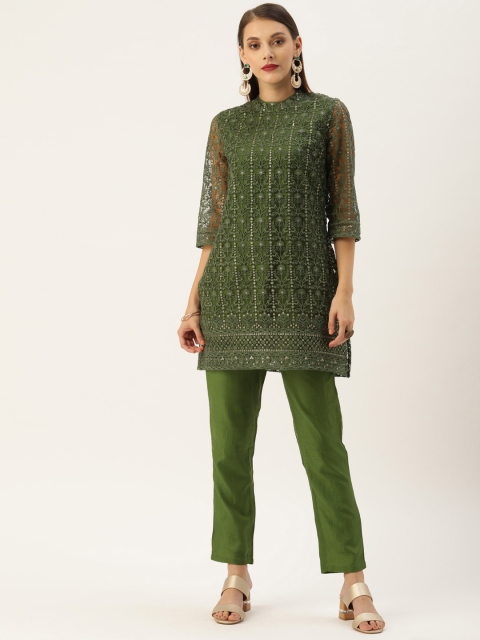 

House of Pataudi Women Green Embroidered Kurti with Trousers