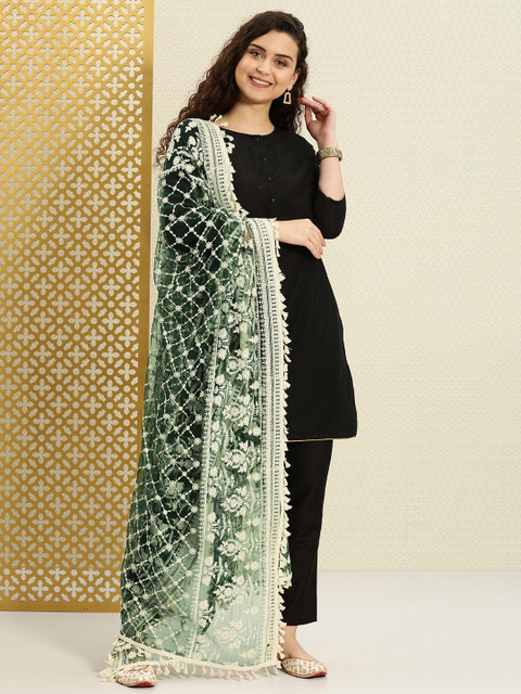 

House of Pataudi Green & Off-White Embellished Dupatta