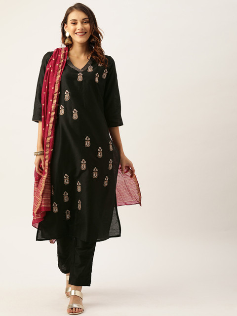 

House of Pataudi Women Black & Gold-Toned Embroidered Kurta with Trousers & Dupatta
