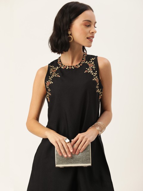 

House of Pataudi Women Black Solid A-Line Dress