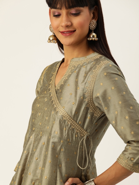 

House of Pataudi Women Grey Printed A-Line Angrakha Kurta with Embroidered Detail