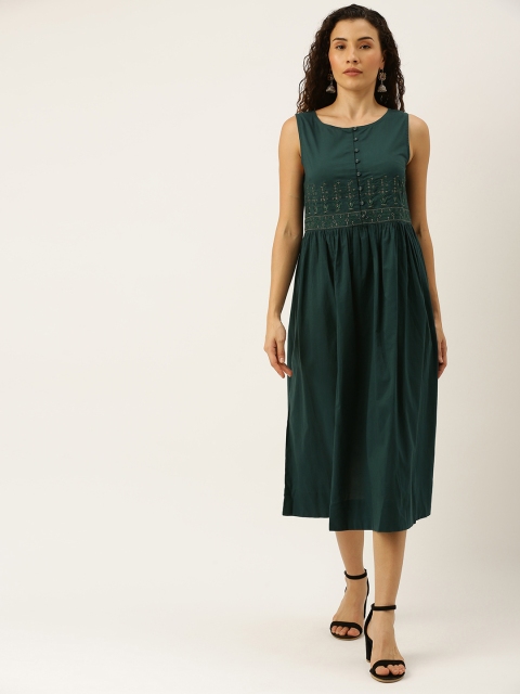 

House of Pataudi Women Green Embroidered A-Line Dress