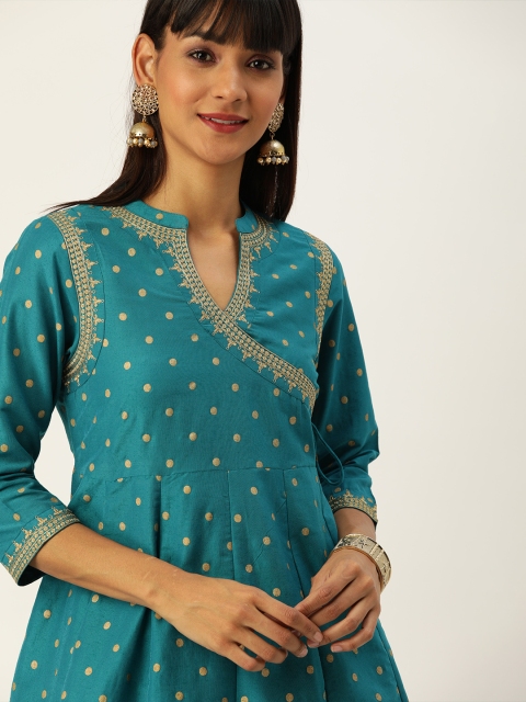 

House of Pataudi Women Teal Blue Printed A-Line Angrakha Kurta with Embroidered Detail