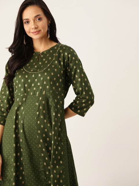 

House of Pataudi Women Green & Golden Printed Viscose Anarkali Kurta, Olive