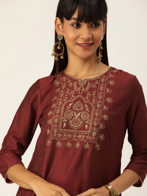 

House of Pataudi Women Maroon Embroidered Yoke Design Straight Kurta