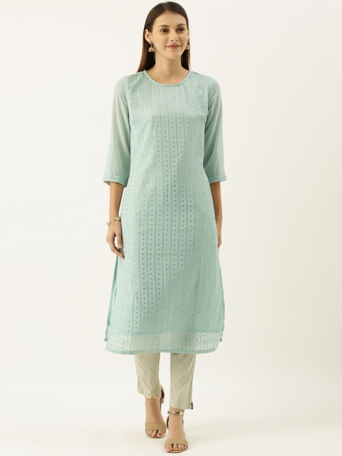 

House of Pataudi Women Sea Green & Gold-Toned Embroidered Straight Kurta
