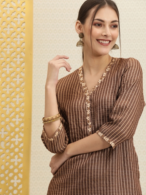 

House of Pataudi Women Coffee Brown & Golden Striped Kurta with Trousers
