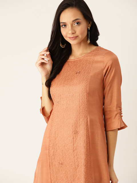 

House of Pataudi Women Rust Orange Embroidered Cotton Straight Kurta