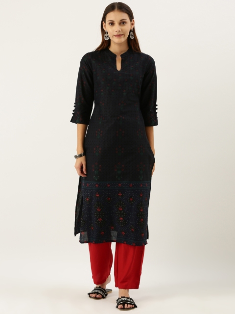 

House of Pataudi Woman Navy Blue and Red Floral Printed Cotton Kurta