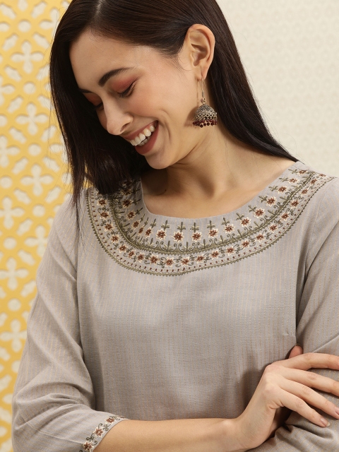 

House of Pataudi Women Grey Striped Straight Kurta with Embroidered Neck