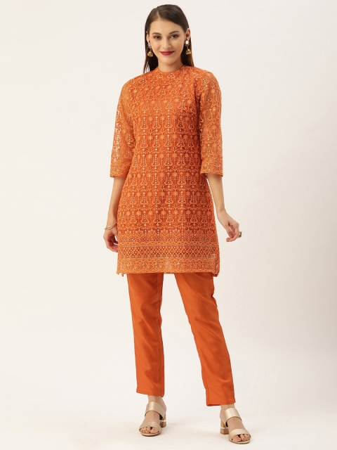 

House of Pataudi Women Orange Embroidered Kurti with Trousers
