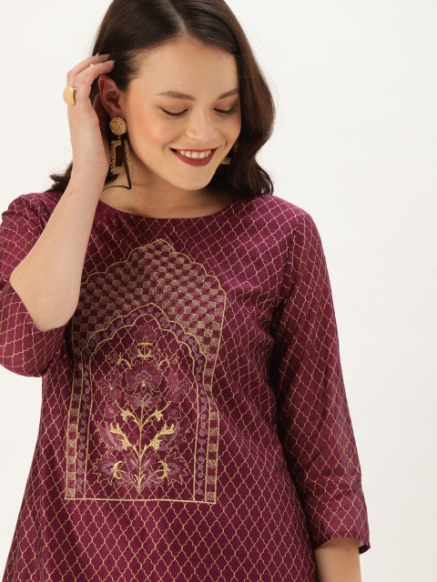 

House of Pataudi Women Burgundy Printed Straight Kurta with Embroidered Detail