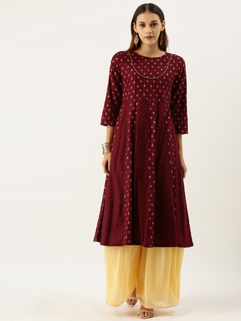 

House of Pataudi Women Burgundy & Gold-Toned Foil Printed A-Line Cotton Kurta