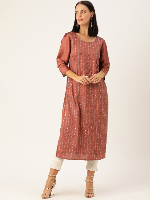 House of Pataudi Women Copper-Toned Sequinned Straight Kurta