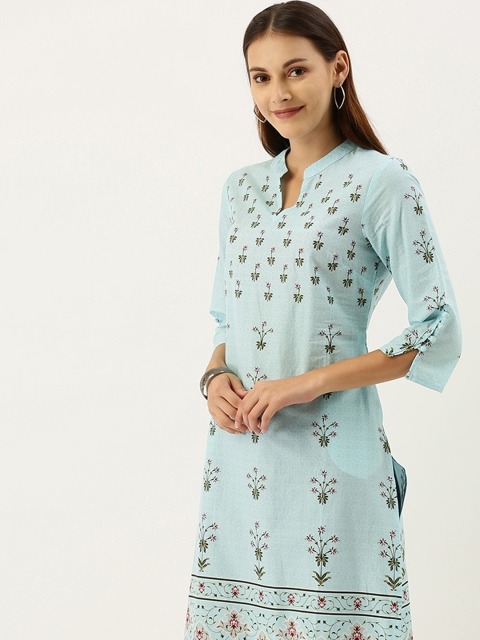 

House of Pataudi Woman Blue and Green Floral Printed Cotton Kurta