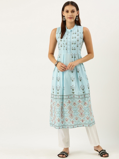 

House of Pataudi Women Blue Ethnic Motifs Printed Cotton Pleated A-Line Kurta