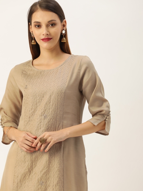 

House of Pataudi Women Beige Embroidered A-Line Kurta