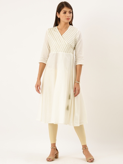 

House of Pataudi Women Off-White & Gold-Toned Embroidered A-Line Kurta