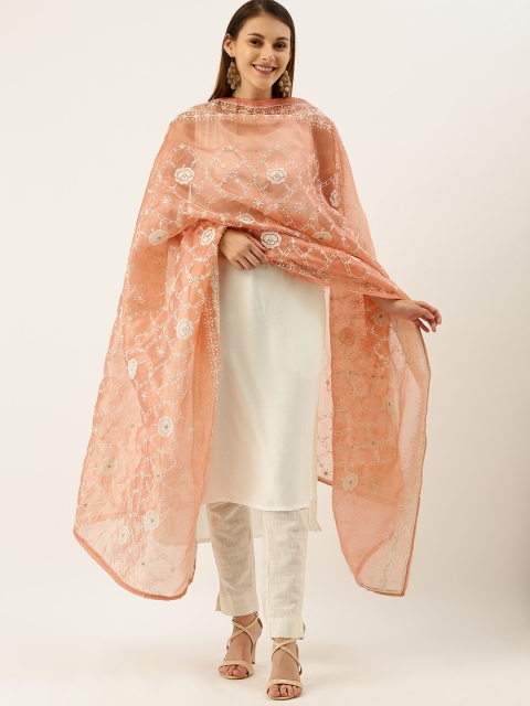 

House of Pataudi Pink & Beige Organza Embroidered Dupatta