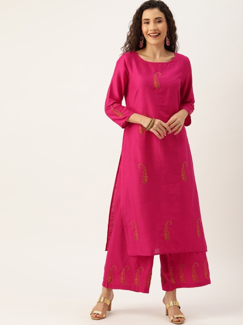 

House of Pataudi Women Fuchsia Pink Embroidered Kurta with Palazzos