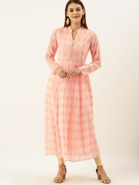 

House of Pataudi Women Peach-Coloured & White Printed Lace A-Line Kurta