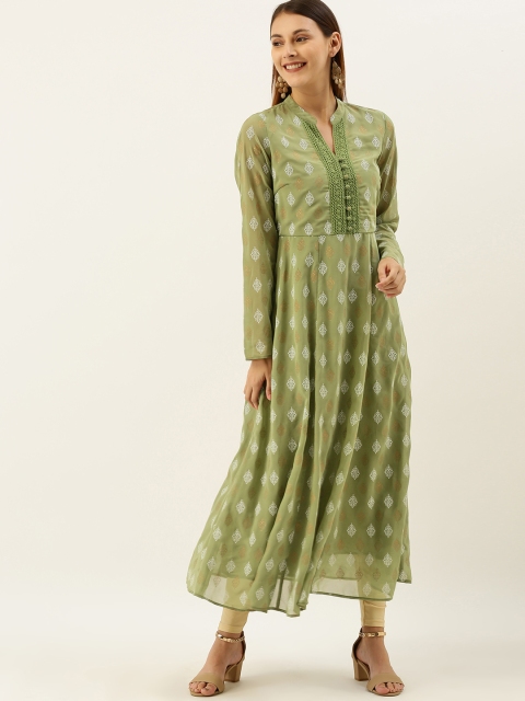 

House of Pataudi Women Olive Green & White Printed Lace A-Line Kurta