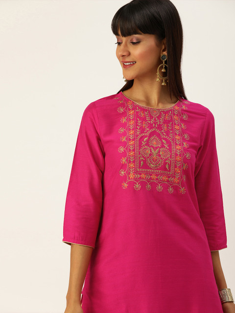 

House of Pataudi Women Pink & Gold-Toned Embroidered Straight Kurta