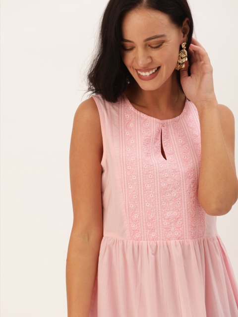 

House of Pataudi Women Pink Embroidered Fit and Flare Dress