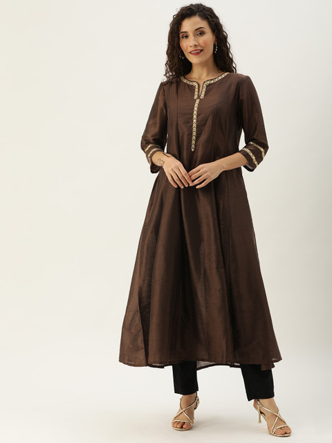 

House of Pataudi Women Brown & Gold-Toned Solid A-Line Kurta