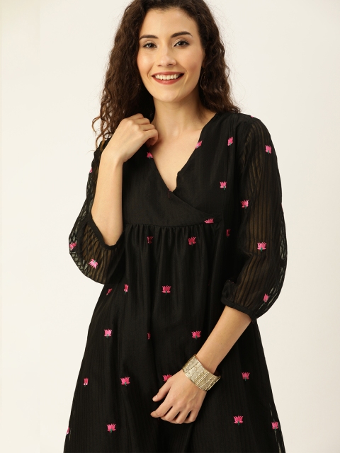 

House of Pataudi Women Black Solid Fit and Flare Dress
