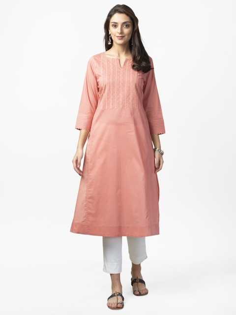 

Fabindia Women Peach-Coloured Slim Fit Yoke Design Straight Kurta