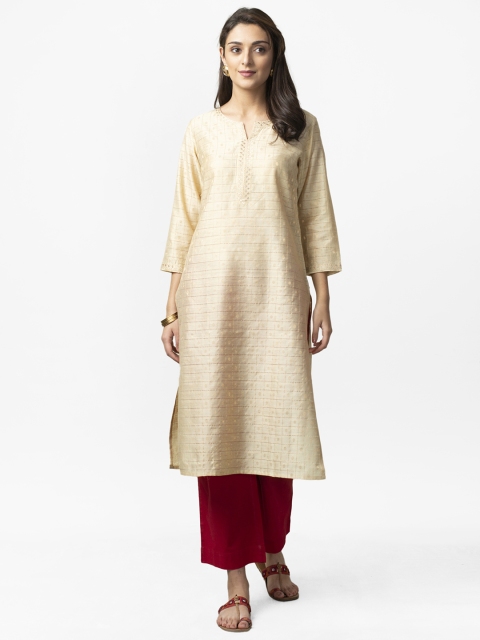 

Fabindia Women Beige & Golden Checked Straight Kurta