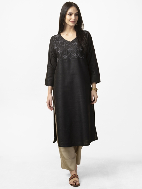 

Fabindia Women Black Yoke Design Handwoven Straight Silk Kurta