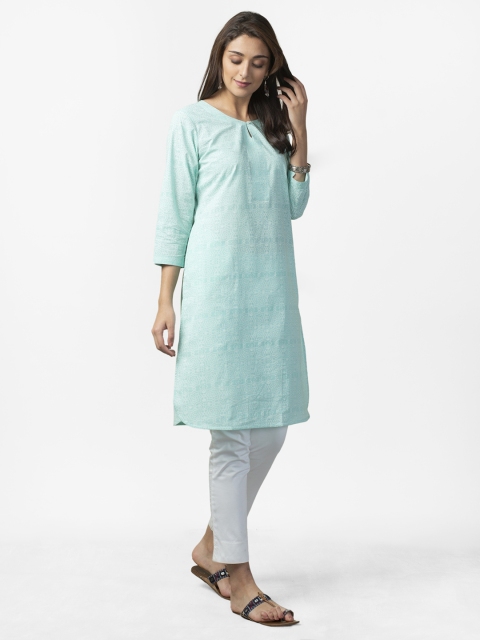 

Fabindia Women Sea Green & White Printed Straight Kurta