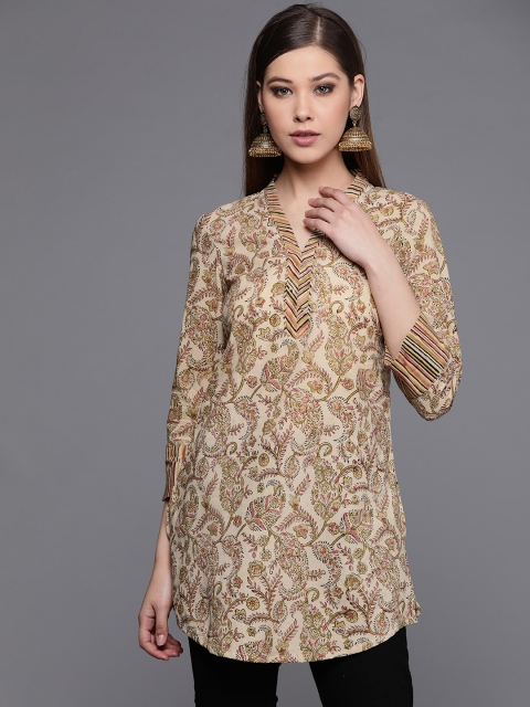 

Fabindia Women Beige & Olive Green Kalamkari Print Tunic