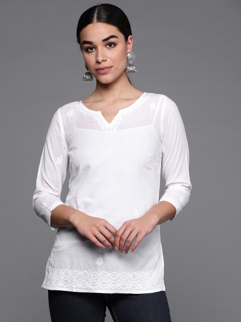

Fabindia Women White Chikankari Embroidered Pure Cotton Detail Straight Kurti