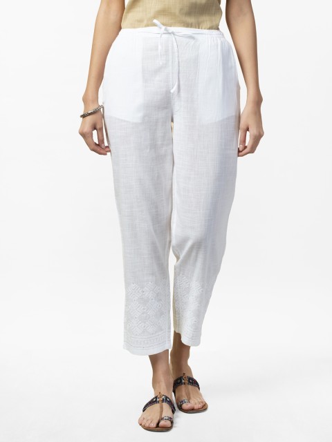 

Fabindia Women White Regular Fit Chikankari Solid Cropped Trousers