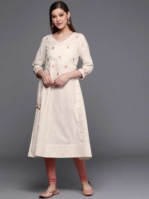 

Fabindia Women Off-White & Orange Embroidered A-Line Kurta