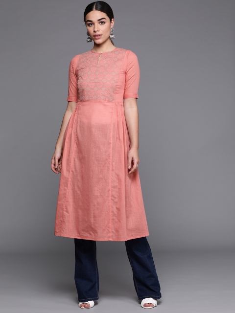 

Fabindia Women Pink & Grey Slim Fit Yoke Design A-Line Kurta