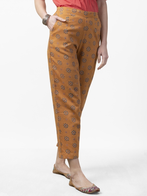 

Fabindia Women Mustard Brown & Blue Tapered Fit Handblock Printed Regular Cropped Trousers