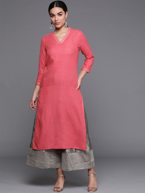 

Fabindia Women Pink Dobby Weave Solid Straight Kurta