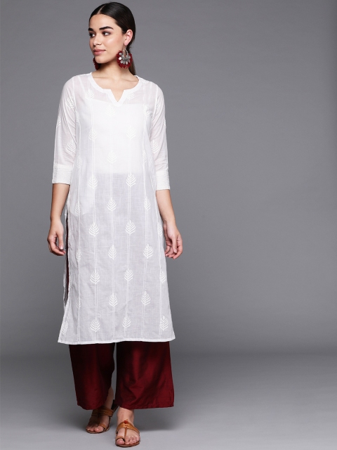 

Fabindia Women White Hand Block Printed Semi-Sheer Straight Kurta