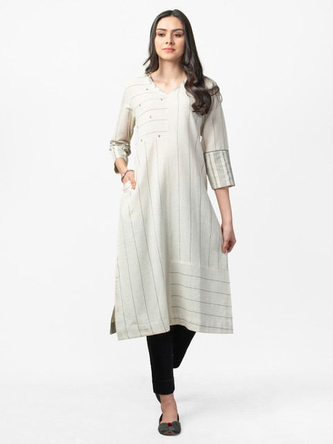 

Fabindia Women Off-White & Black Self-Striped Straight Kurta