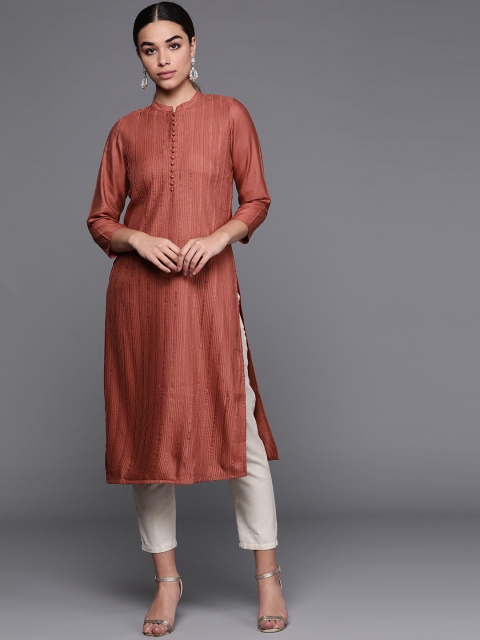 

Fabindia Women Rust brown Striped Straight Kurta