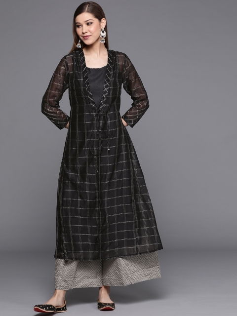 

Fabindia Women Black & Silver Zari Checked A-Line Layered Kurta