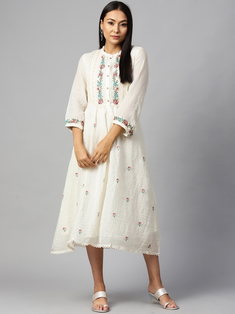 

W Women White & Blue Embroidered Crinkled A-Line Dress