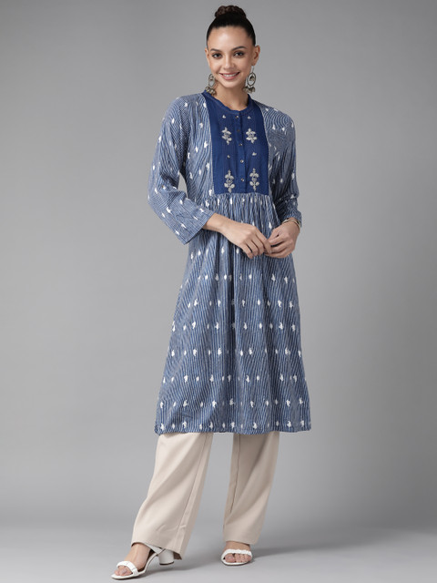 

W Women Blue & White Ethnic Motifs Striped Liva A-Line Kurta
