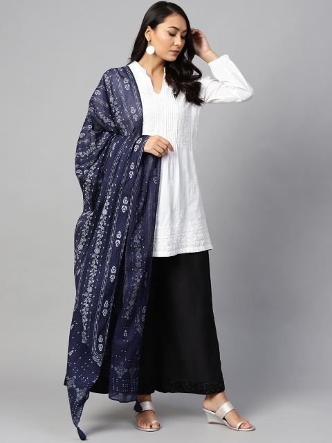 

W Navy Blue & White Printed Pure Cotton Dupatta